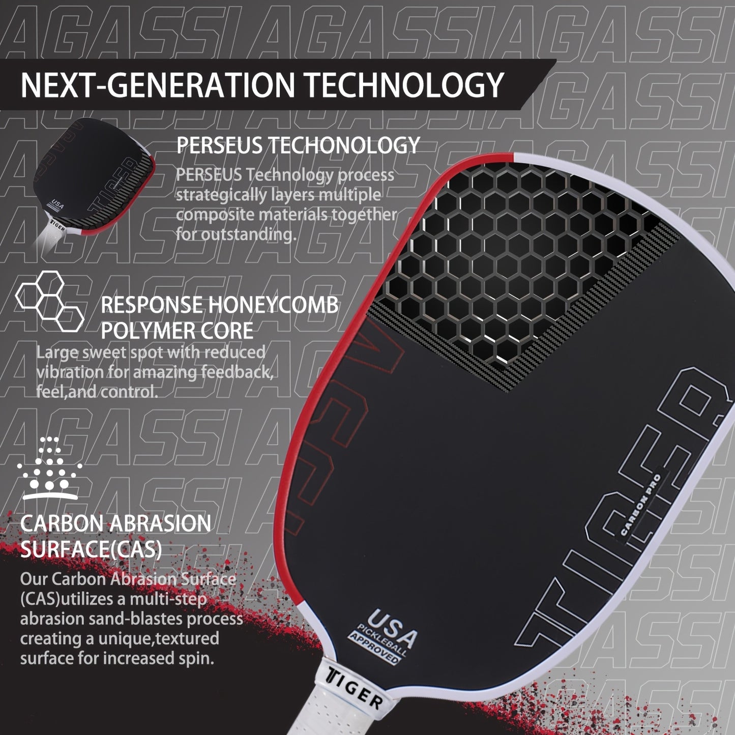 Carbon Fiber Agassi Pro 16mm Pickleball Paddle - T700 Thermoformed Carbon Fiber, Elongated Design for Spin, Power & Control, Carbon Friction Surface, Cold-Press Durable Construction - White/Red/Black, Gift for Men & Women, Re