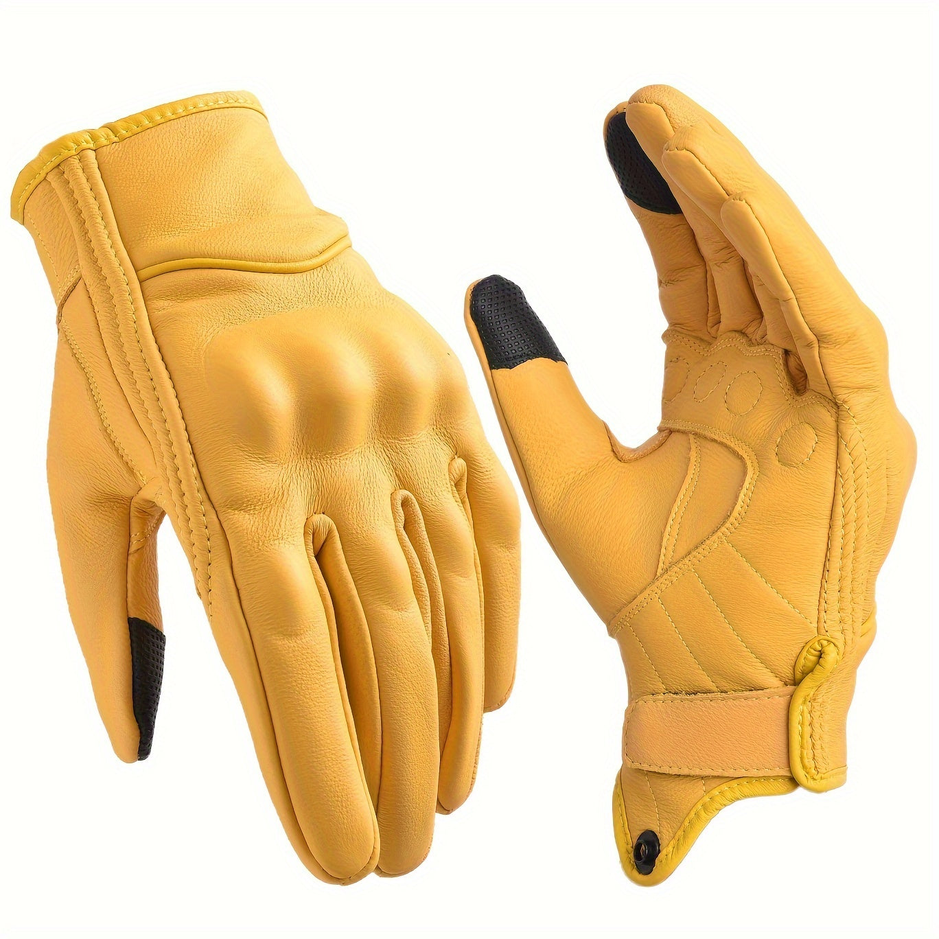 Sibewora Men'S Motorcycle Gloves - Full-Finger Touchscreen Hard Nail Leather Gloves with Adjustable Hook & Loop Closure, Yellow Riding Gear for Outdoor Sports & Casual Wear, Sleek Glove Design