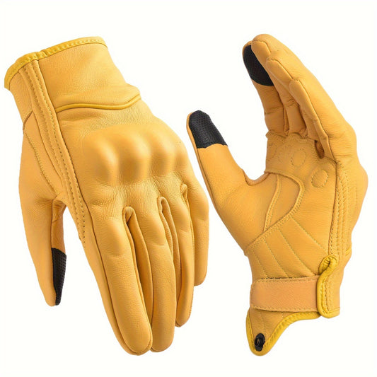 Sibewora Men'S Motorcycle Gloves - Full-Finger Touchscreen Hard Nail Leather Gloves with Adjustable Hook & Loop Closure, Yellow Riding Gear for Outdoor Sports & Casual Wear, Sleek Glove Design