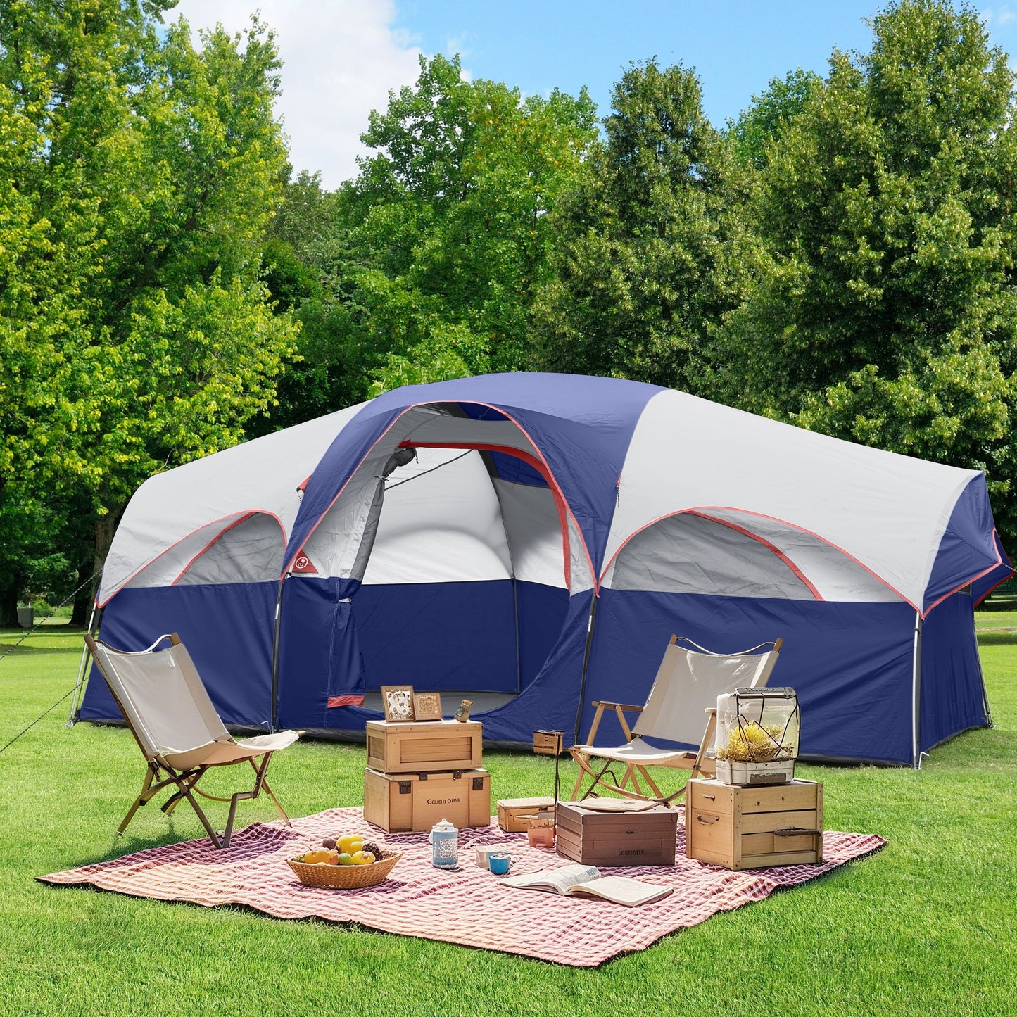 Camping Tent 8 People, Easy To Set Up, Portable Large-capacity Tent, And Windproof, Double-layer, Large Mesh Window, Spacer Curtain, Suitable For Friends Camping Party And Other Scenes (Blue)