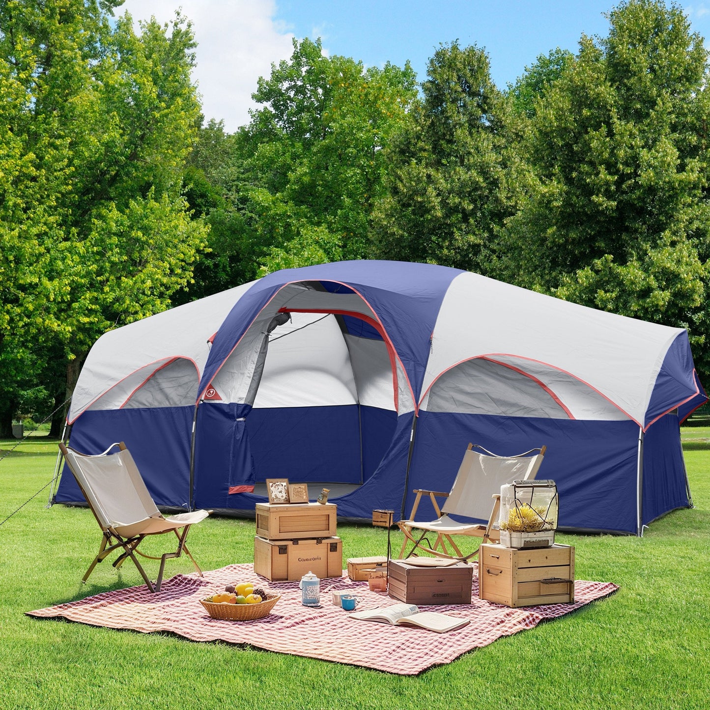 [Windproof Camping Tent] 8 People Portable Windproof Double-layer Camping Tent | Easy To Set Up, Large-capacity, Large Mesh Window, Spacer Curtain, Suitable For Friends Camping Party And Other Scenes (Blue)