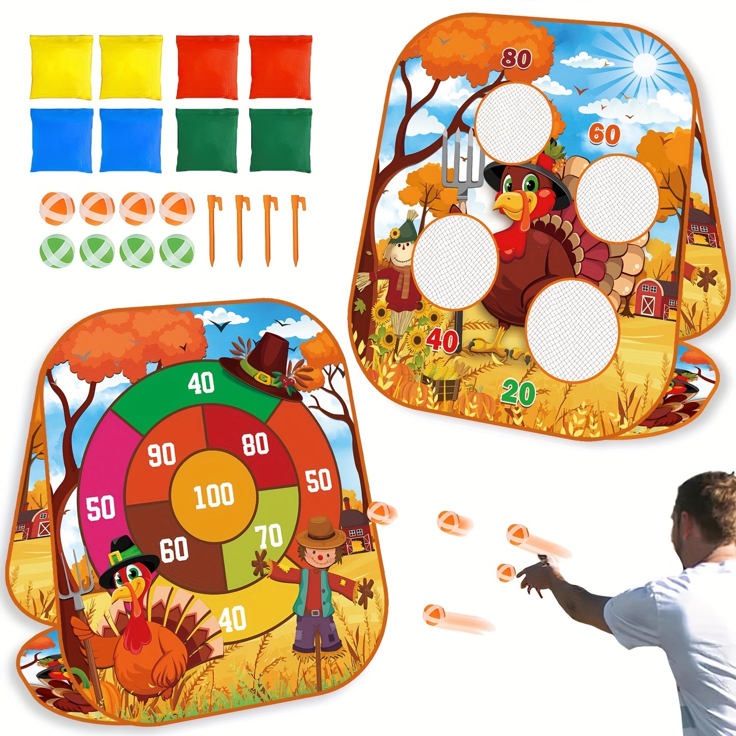 [Thanksgiving Bean Bag Toss] 21pcs 4-in-1 Thanksgiving Bean Bag Toss Game | Double-Sided Foldable Sandbag Board, 4 Color-Coded Targets (Green, Orange, Red, Yellow) & 2 Teams - Turkey, Pumpkin, Maple Leaf Design for Backyard,