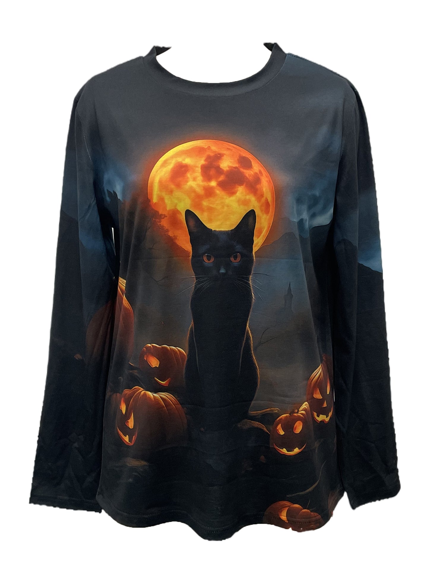 Women'S Halloween Long Sleeve Crew Neck T-Shirt - Spooky Black Cat & Jack-O'-Lanterns Digital Print, Casual Regular Fit Top for Spring & Fall, Comfortable Casual Attire with Moonlit Night Sky Design, Halloween Clothes, Fall F