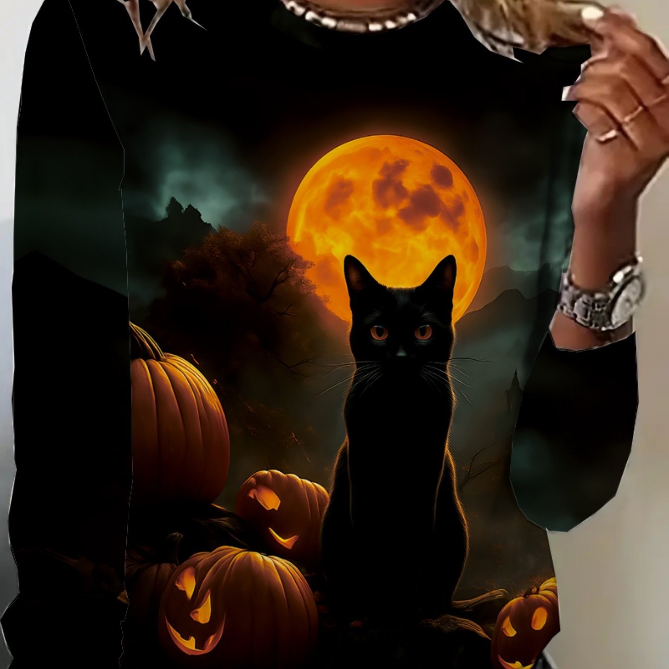 Women'S Halloween Long Sleeve Crew Neck T-Shirt - Spooky Black Cat & Jack-O'-Lanterns Digital Print, Casual Regular Fit Top for Spring & Fall, Comfortable Casual Attire with Moonlit Night Sky Design, Halloween Clothes, Fall F