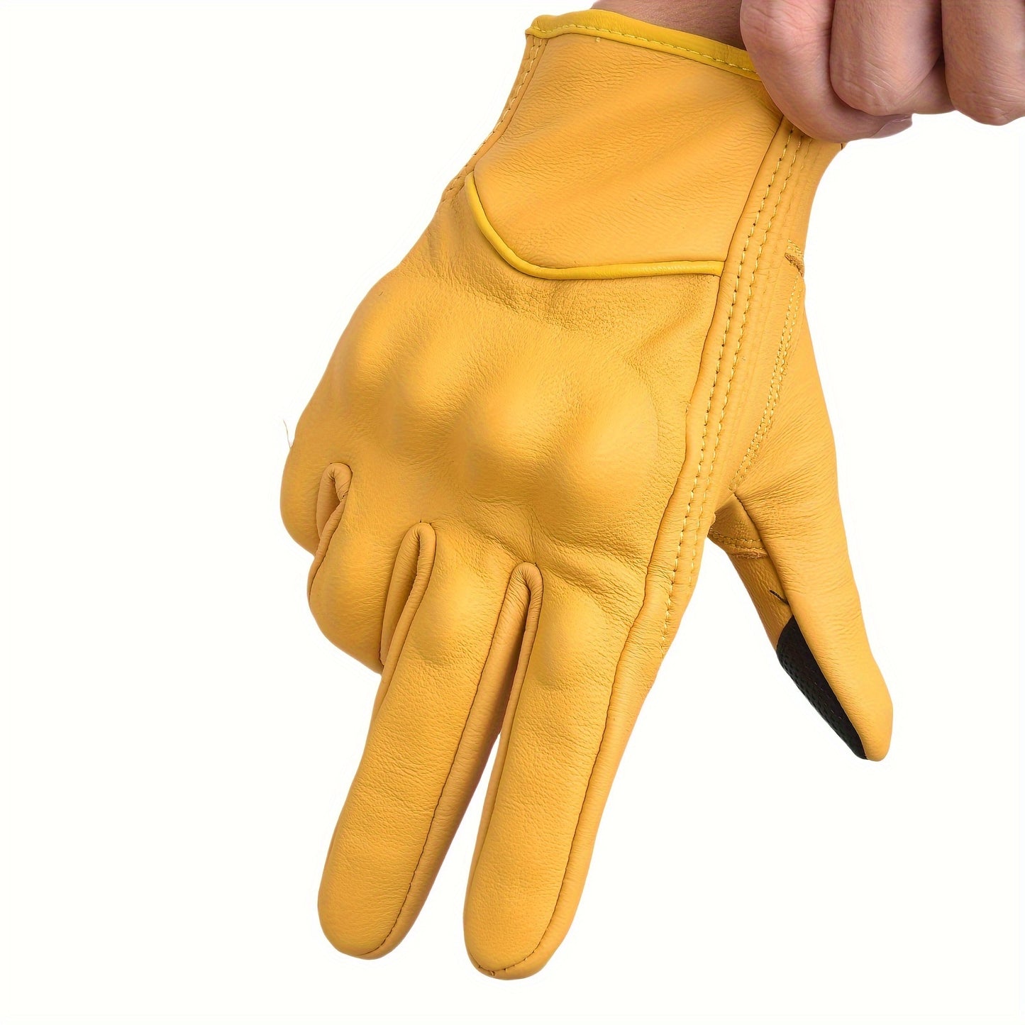 Sibewora Men'S Motorcycle Gloves - Full-Finger Touchscreen Hard Nail Leather Gloves with Adjustable Hook & Loop Closure, Yellow Riding Gear for Outdoor Sports & Casual Wear, Sleek Glove Design