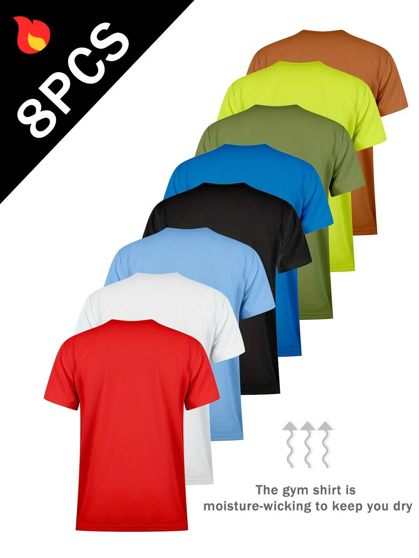 8-Pack Men's Quick-Dry Gym Shirts - Moisture-Wicking Athletic Tees, Lightweight Polyester Workout Tops for Running, Gym, Travel - All-Season Breathable Active Wear in Multi-Colors (Navy/Red/Black/ Lime/) - Ideal for Men & Cou