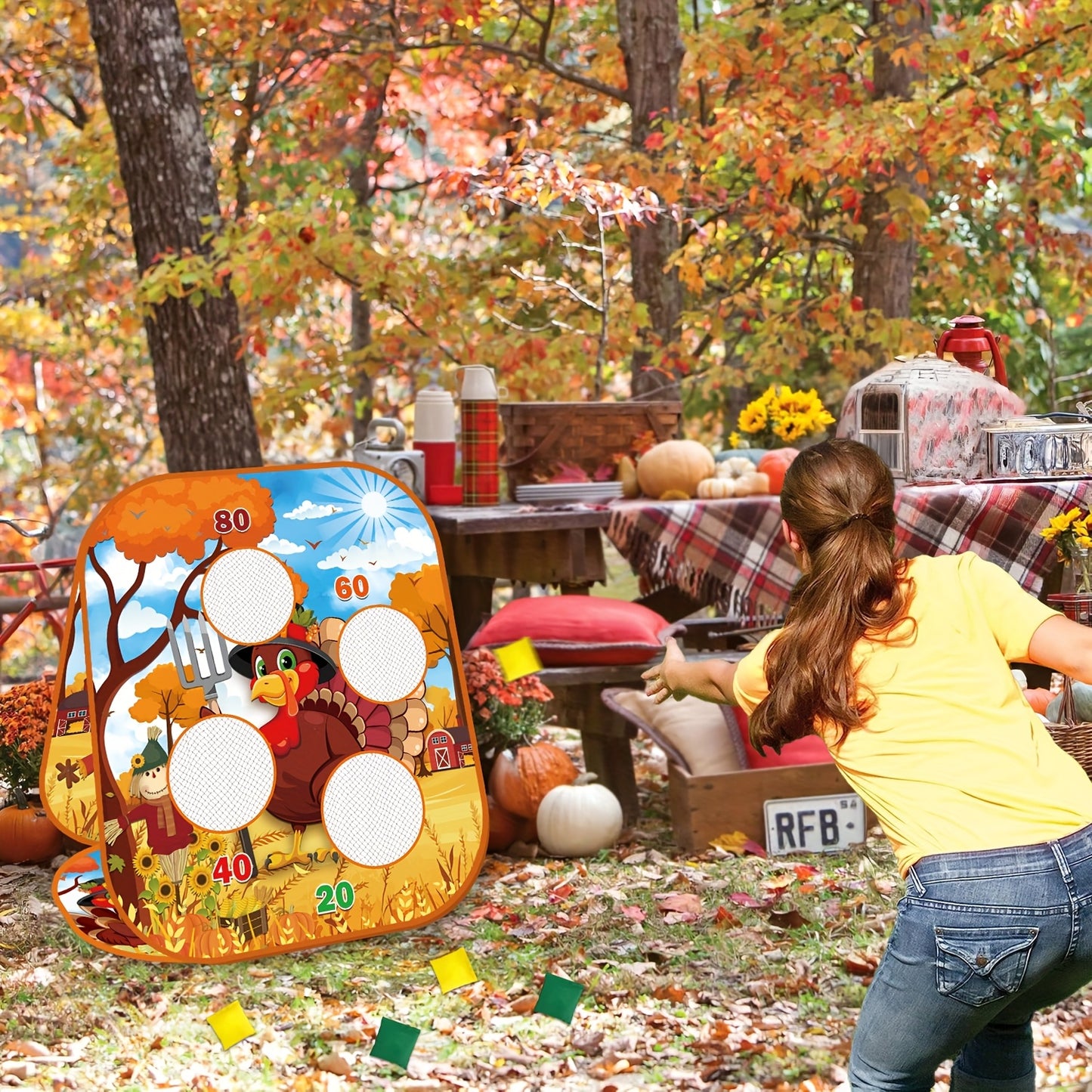 [Thanksgiving Bean Bag Toss] 21pcs 4-in-1 Thanksgiving Bean Bag Toss Game | Double-Sided Foldable Sandbag Board, 4 Color-Coded Targets (Green, Orange, Red, Yellow) & 2 Teams - Turkey, Pumpkin, Maple Leaf Design for Backyard,