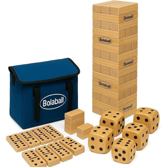 Bolaball 3 in 1 Game Set, 45 Pieces Large Tumbling Blocks, 28 Giant Dominoes and 6 Giant Dice, Indoor Outdoor Game Combo Set for Family and Friends with Carry Bag