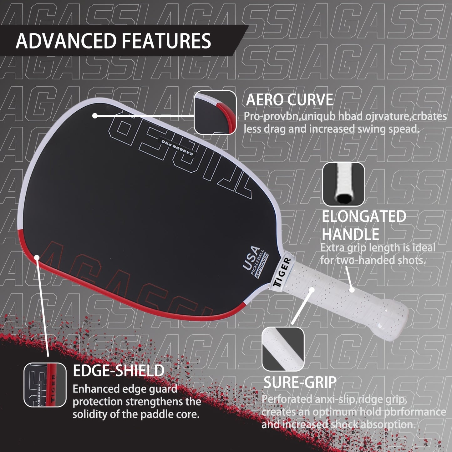 Carbon Fiber Agassi Pro 16mm Pickleball Paddle - T700 Thermoformed Carbon Fiber, Elongated Design for Spin, Power & Control, Carbon Friction Surface, Cold-Press Durable Construction - White/Red/Black, Gift for Men & Women, Re