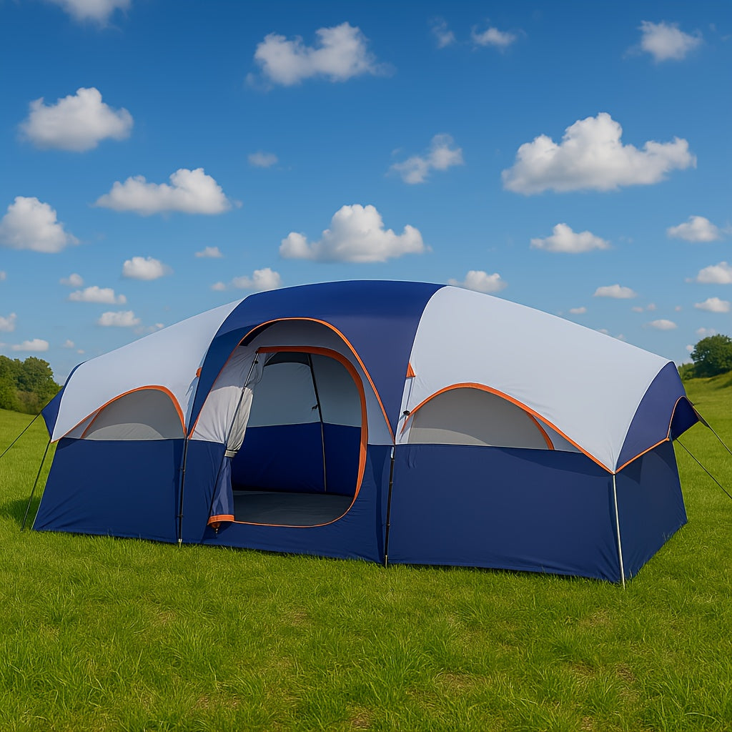 Camping Tent 8 People, Easy To Set Up, Portable Large-capacity Tent, And Windproof, Double-layer, Large Mesh Window, Spacer Curtain, Suitable For Friends Camping Party And Other Scenes (Blue)