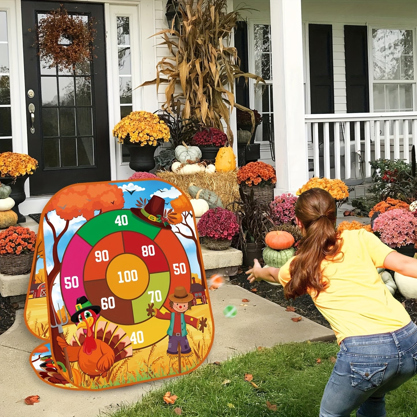 [Thanksgiving Bean Bag Toss] 21pcs 4-in-1 Thanksgiving Bean Bag Toss Game | Double-Sided Foldable Sandbag Board, 4 Color-Coded Targets (Green, Orange, Red, Yellow) & 2 Teams - Turkey, Pumpkin, Maple Leaf Design for Backyard,