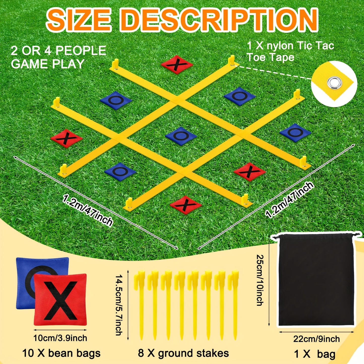 71pcs Carnival Games Set 4ft X 4ft Giant Tic Tac Toe Strap Game, Soft Plastic Cones Bean Bags Ring Toss Game, Hopscotch Ring Game for Birthday Party Outdoor Games Supplies Combo Set