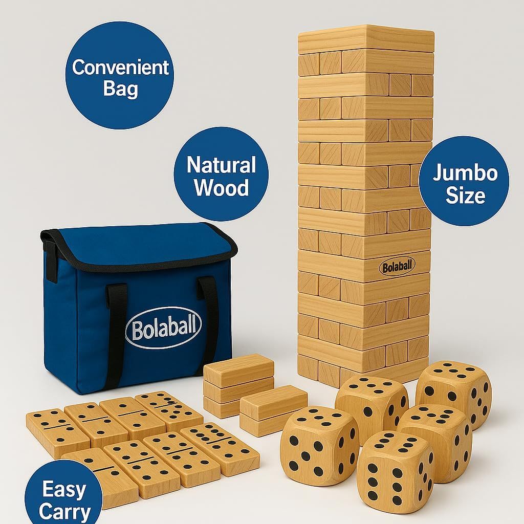 Bolaball 3 in 1 Game Set, 45 Pieces Large Tumbling Blocks, 28 Giant Dominoes and 6 Giant Dice, Indoor Outdoor Game Combo Set for Family and Friends with Carry Bag