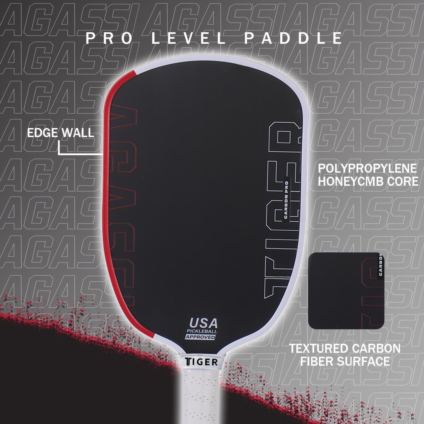 Carbon Fiber Agassi Pro 16mm Pickleball Paddle - T700 Thermoformed Carbon Fiber, Elongated Design for Spin, Power & Control, Carbon Friction Surface, Cold-Press Durable Construction - White/Red/Black, Gift for Men & Women, Re