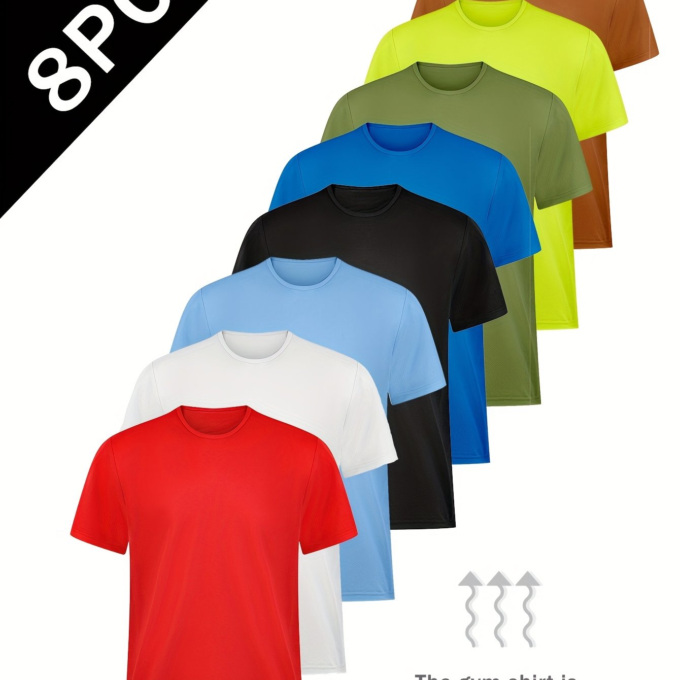 8-Pack Men's Quick-Dry Gym Shirts - Moisture-Wicking Athletic Tees, Lightweight Polyester Workout Tops for Running, Gym, Travel - All-Season Breathable Active Wear in Multi-Colors (Navy/Red/Black/ Lime/) - Ideal for Men & Cou