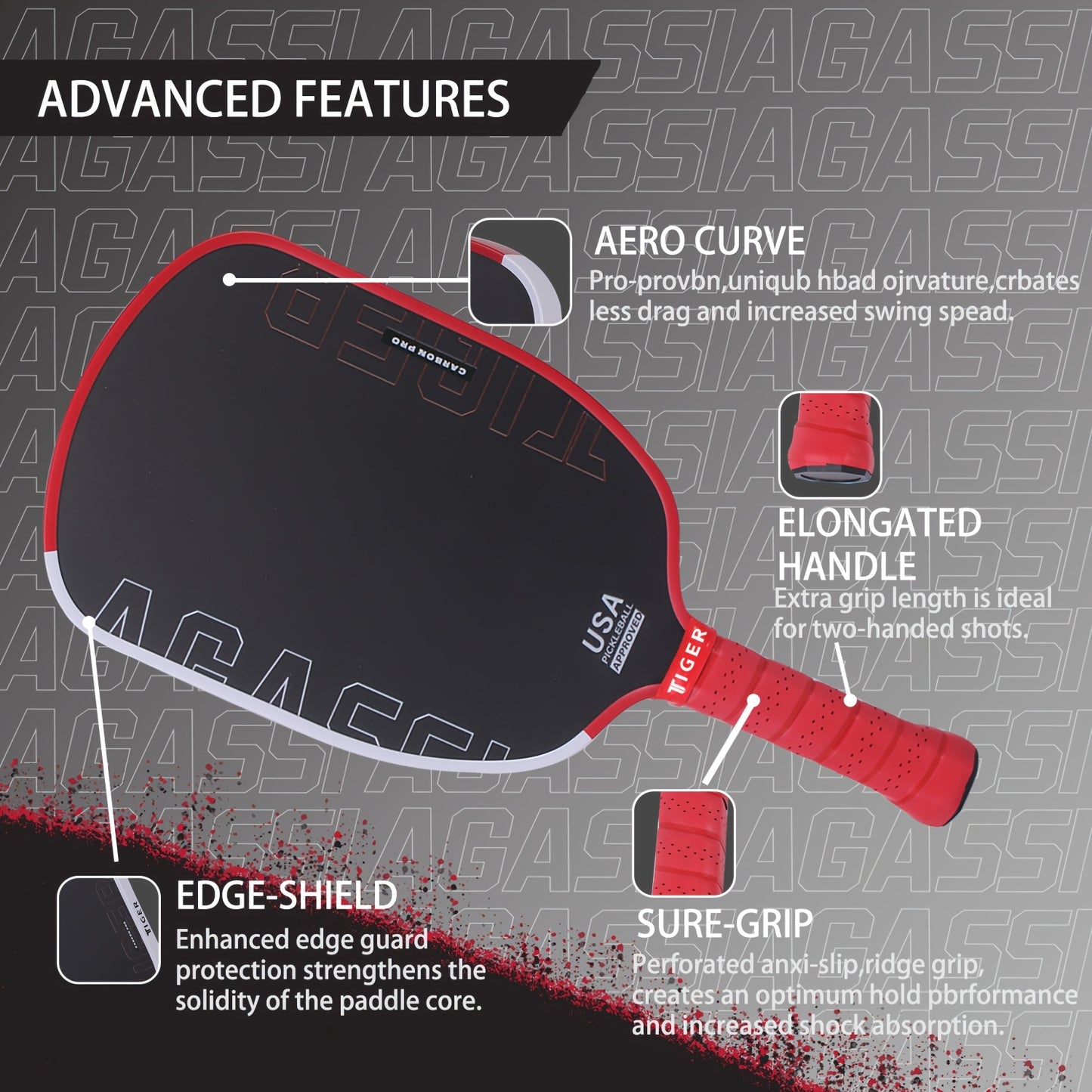 Carbon Fiber Agassi Pro 16mm Pickleball Paddle - T700 Thermoformed Carbon Fiber, Elongated Design for Spin, Power & Control, Carbon Friction Surface, Cold-Press Durable Construction - White/Red/Black, Gift for Men & Women, Re