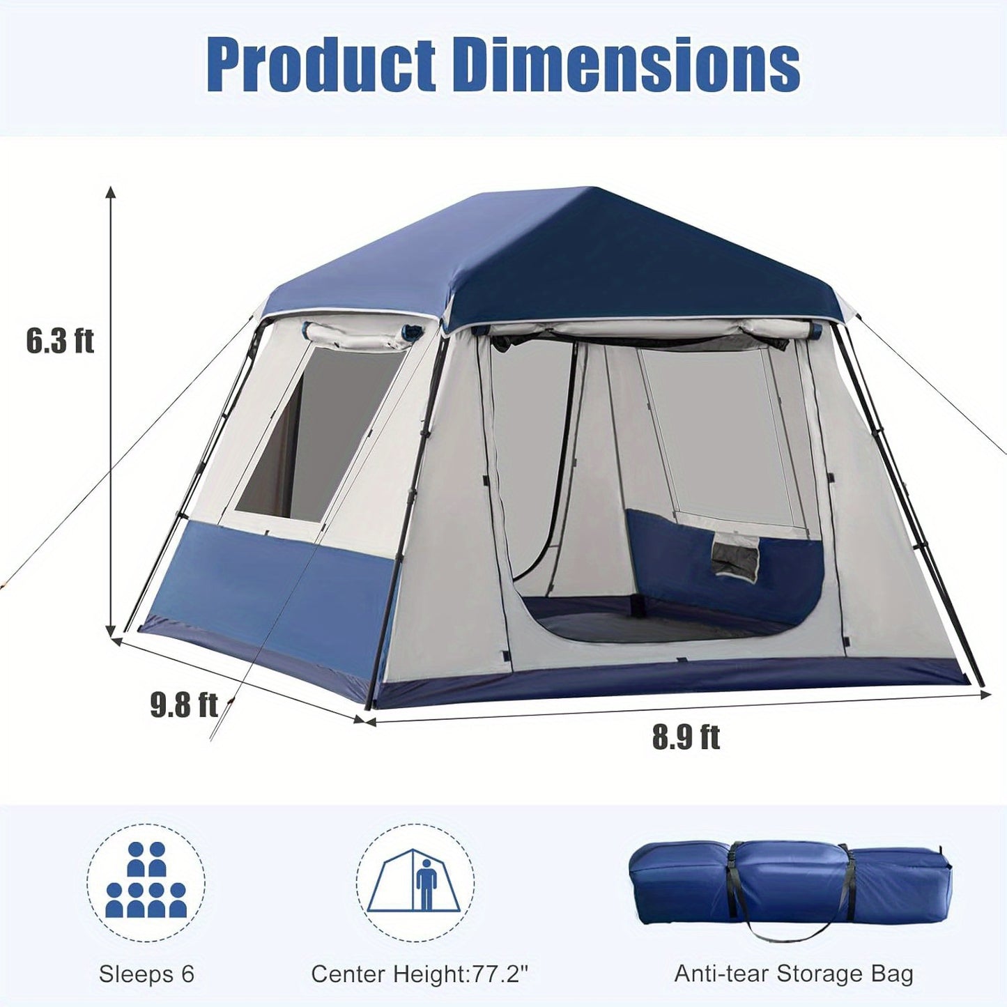 4-10 Person Instant Tent | Family Large Pop-up Camping Tent, 60s Easy Setup, High Quality Glamping Cabin with Carry Bag for Outdoor Activities, 4 Season