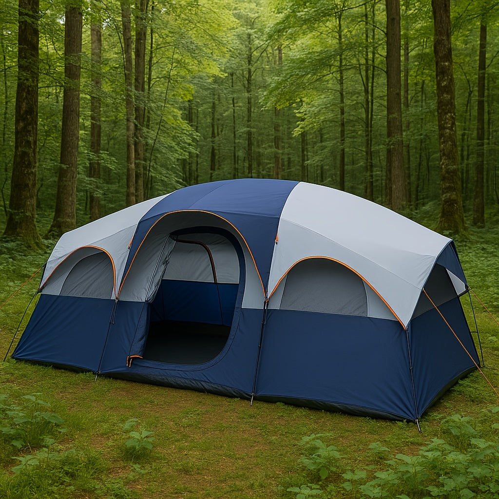Camping Tent 8 People, Easy To Set Up, Portable Large-capacity Tent, And Windproof, Double-layer, Large Mesh Window, Spacer Curtain, Suitable For Friends Camping Party And Other Scenes (Blue)
