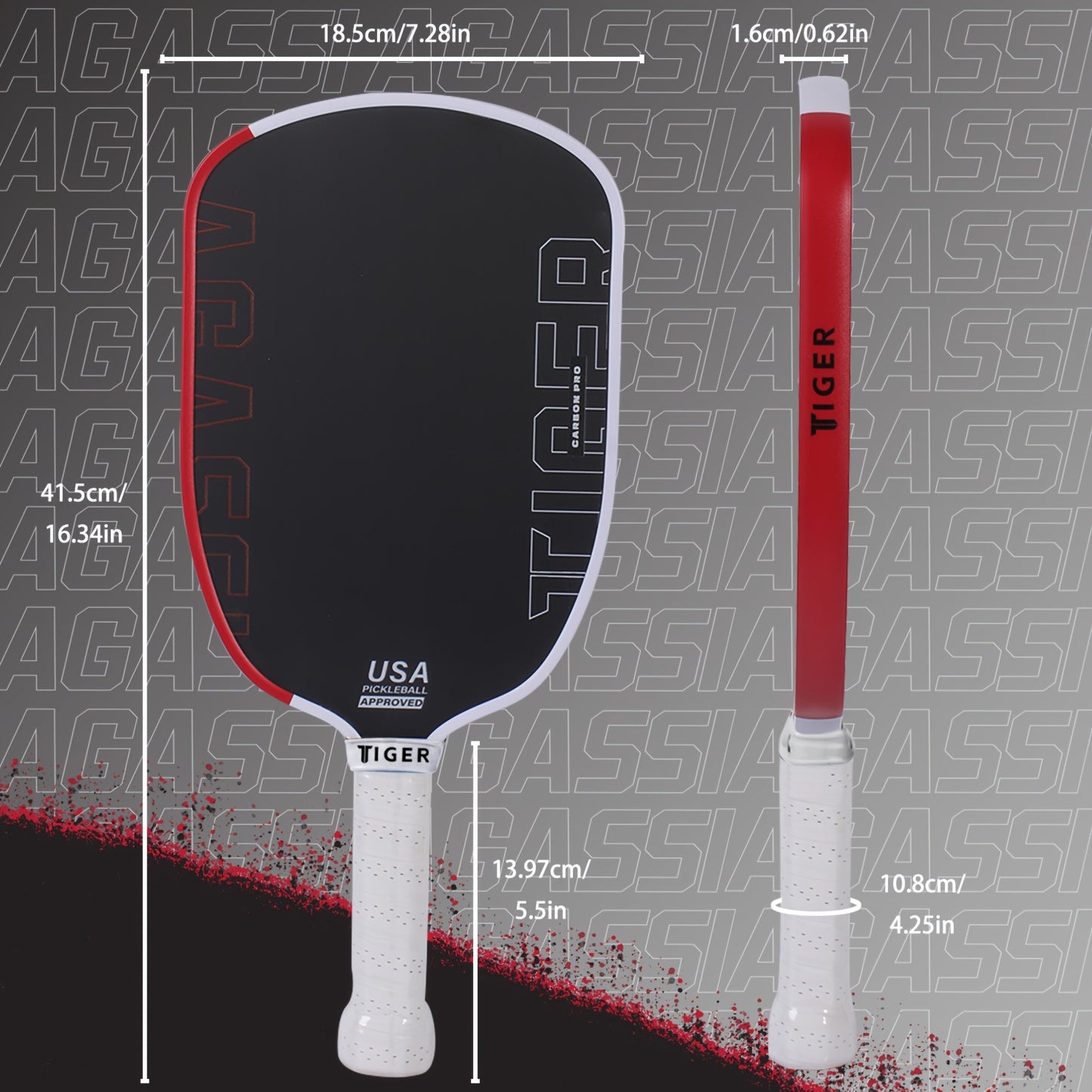 Carbon Fiber Agassi Pro 16mm Pickleball Paddle - T700 Thermoformed Carbon Fiber, Elongated Design for Spin, Power & Control, Carbon Friction Surface, Cold-Press Durable Construction - White/Red/Black, Gift for Men & Women, Re
