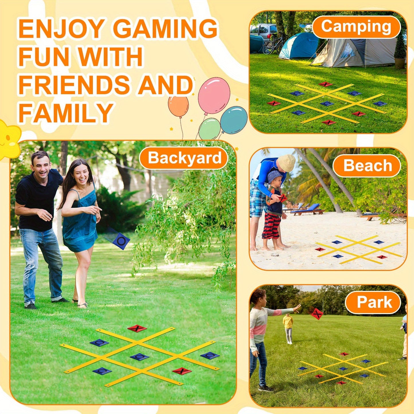 71pcs Carnival Games Set 4ft X 4ft Giant Tic Tac Toe Strap Game, Soft Plastic Cones Bean Bags Ring Toss Game, Hopscotch Ring Game for Birthday Party Outdoor Games Supplies Combo Set
