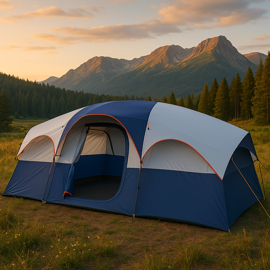 Camping Tent 8 People, Easy To Set Up, Portable Large-capacity Tent, And Windproof, Double-layer, Large Mesh Window, Spacer Curtain, Suitable For Friends Camping Party And Other Scenes (Blue)