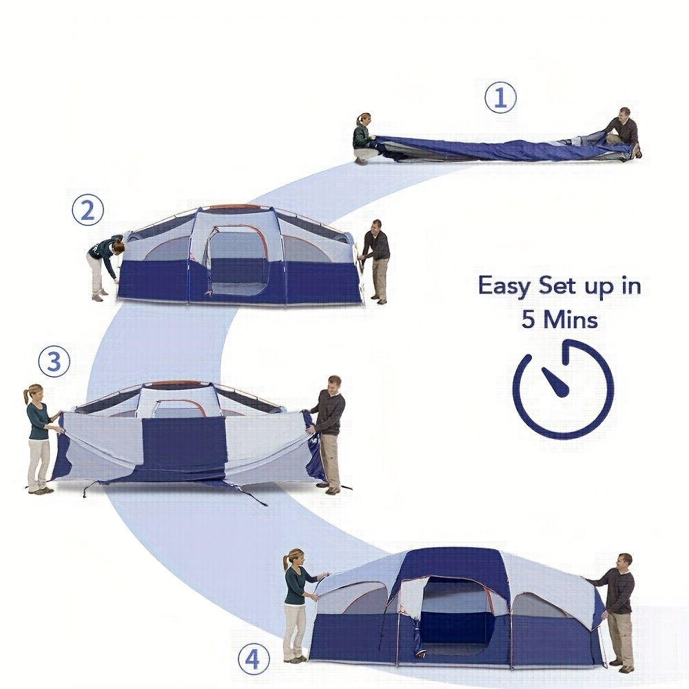 Camping Tent 8 People, Easy To Set Up, Portable Large-capacity Tent, And Windproof, Double-layer, Large Mesh Window, Spacer Curtain, Suitable For Friends Camping Party And Other Scenes (Blue)