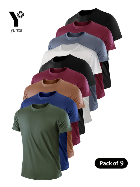 9pcs Men's Quick-Dry Athletic T-Shirts - Ultra-Lightweight, Breathable, Moisture-Wicking | Polyester Fabric, Crew Neck, Assorted Colors for Gym & Sports