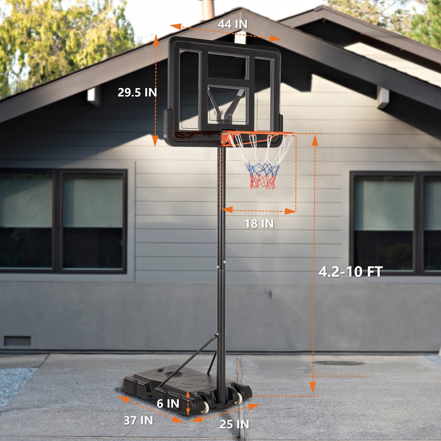 Basketball Hoop- Basketball Hoop Outdoor 6.1-10FT Adjustable Height, Basketball 44 Inch Shatterproof Backboard/Shock Absorbent Rim, Fillable Base, 2 Wheels for Backyard/Driveway