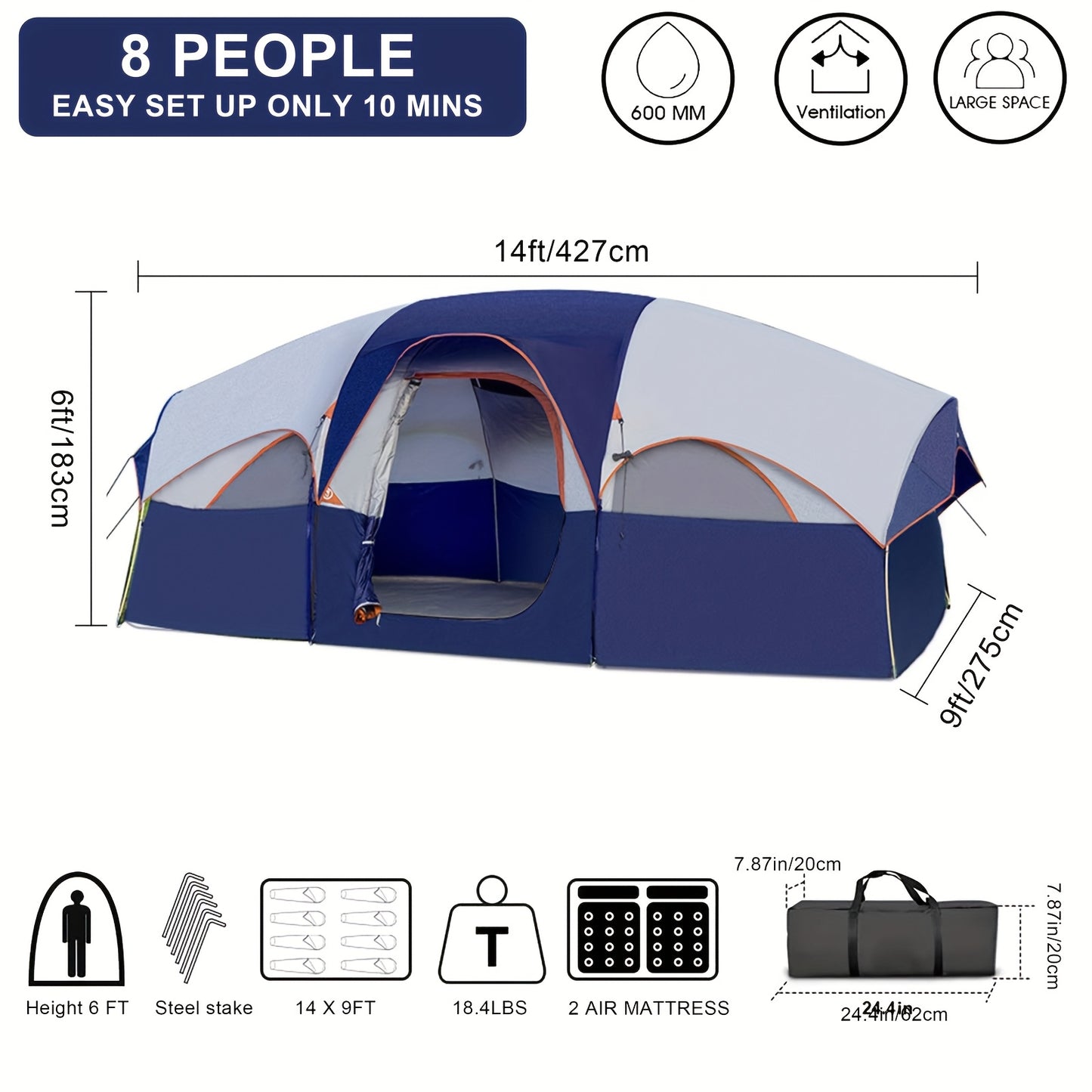 Camping Tent 8 People, Easy To Set Up, Portable Large-capacity Tent, And Windproof, Double-layer, Large Mesh Window, Spacer Curtain, Suitable For Friends Camping Party And Other Scenes (Blue)