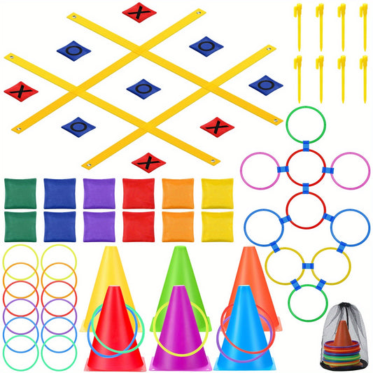 71pcs Carnival Games Set 4ft X 4ft Giant Tic Tac Toe Strap Game, Soft Plastic Cones Bean Bags Ring Toss Game, Hopscotch Ring Game for Birthday Party Outdoor Games Supplies Combo Set