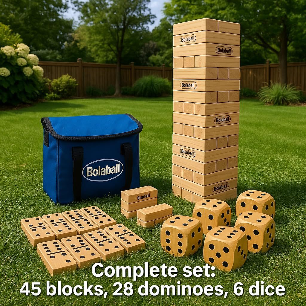 Bolaball 3 in 1 Game Set, 45 Pieces Large Tumbling Blocks, 28 Giant Dominoes and 6 Giant Dice, Indoor Outdoor Game Combo Set for Family and Friends with Carry Bag