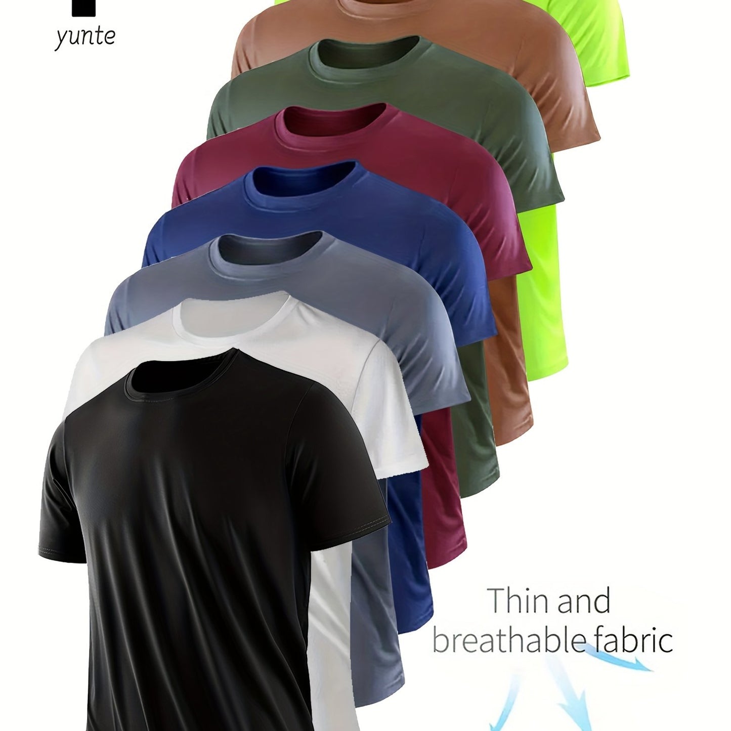 8-Pack Quick-Dry Crew Neck T-Shirts - Breathable, Moisture-Wicking 100% Polyester Tops - Regular Fit, Knit Fabric, for Running, Gym, Sports, Spring/Summer/Fall - Black, White, Grey, Navy, Burgundy, Brown, Green,