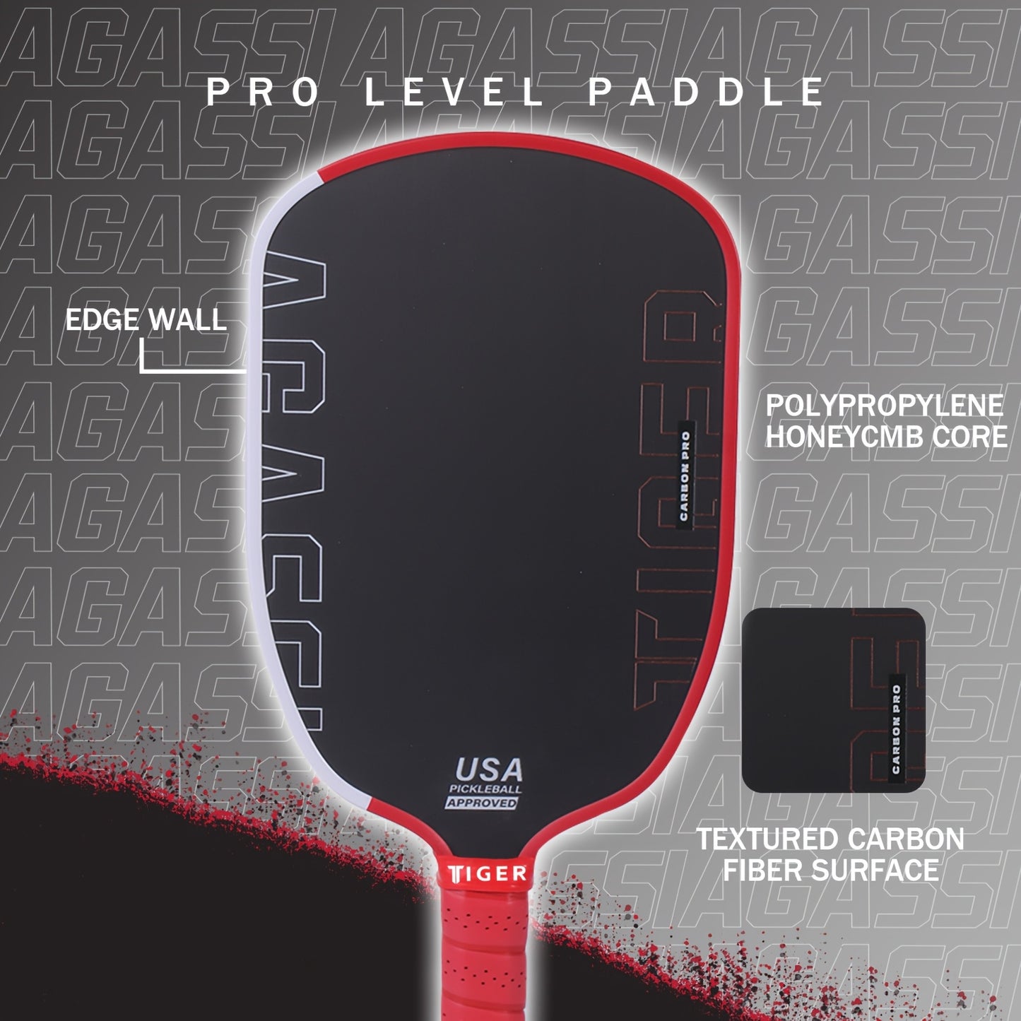 Carbon Fiber Agassi Pro 16mm Pickleball Paddle - T700 Thermoformed Carbon Fiber, Elongated Design for Spin, Power & Control, Carbon Friction Surface, Cold-Press Durable Construction - White/Red/Black, Gift for Men & Women, Re