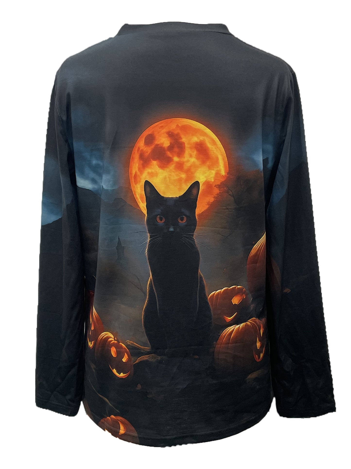 Women'S Halloween Long Sleeve Crew Neck T-Shirt - Spooky Black Cat & Jack-O'-Lanterns Digital Print, Casual Regular Fit Top for Spring & Fall, Comfortable Casual Attire with Moonlit Night Sky Design, Halloween Clothes, Fall F