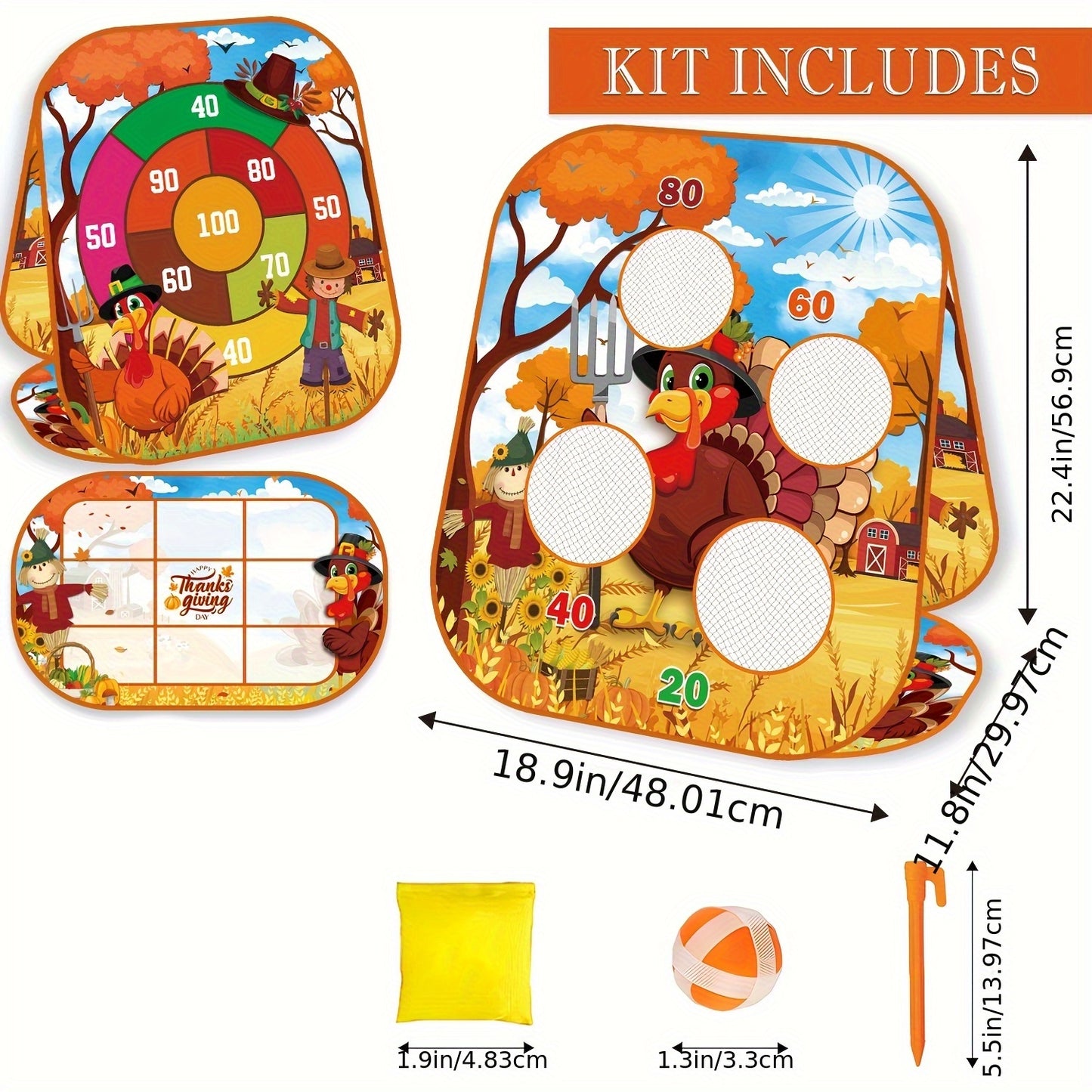 [Thanksgiving Bean Bag Toss] 21pcs 4-in-1 Thanksgiving Bean Bag Toss Game | Double-Sided Foldable Sandbag Board, 4 Color-Coded Targets (Green, Orange, Red, Yellow) & 2 Teams - Turkey, Pumpkin, Maple Leaf Design for Backyard,