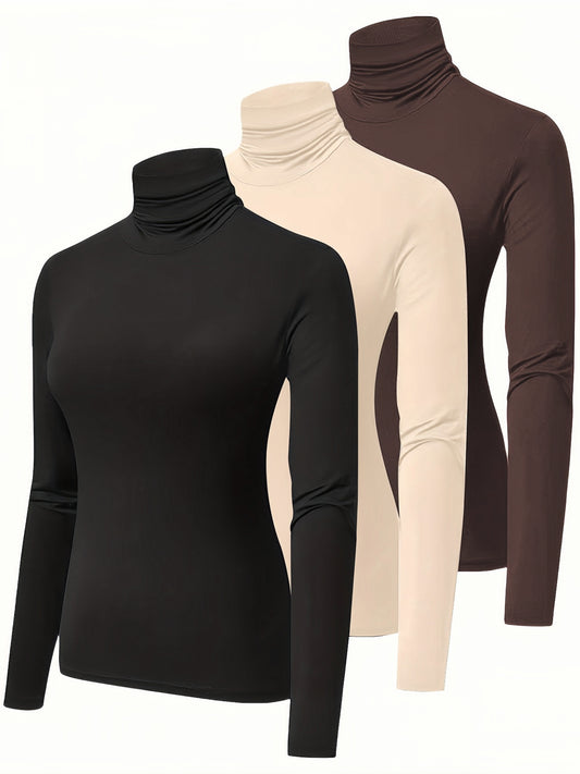 3 Packs Long Sleeve TurtleNeck T-Shirts, Casual Top for Spring & Fall, Women's Clothing