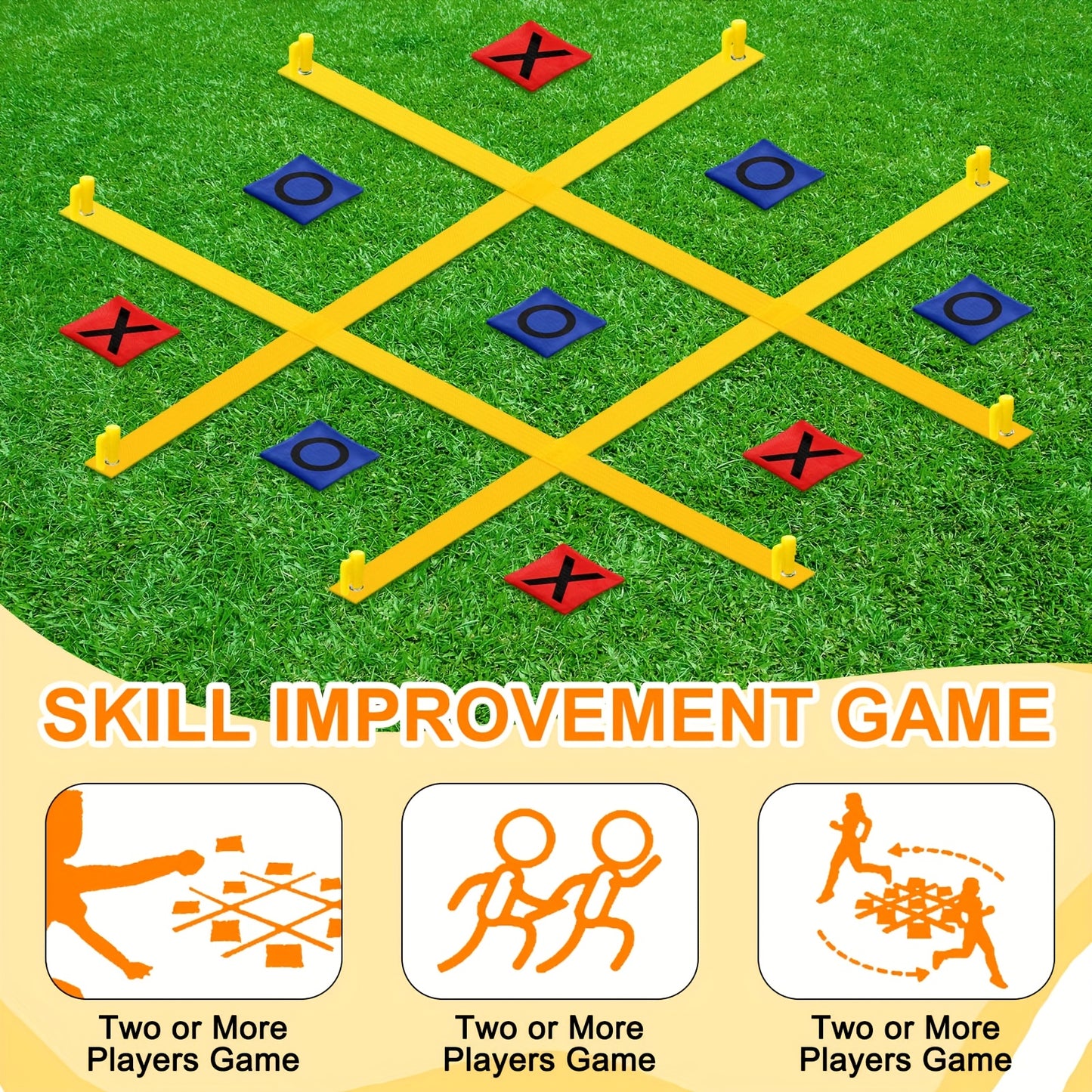 71pcs Carnival Games Set 4ft X 4ft Giant Tic Tac Toe Strap Game, Soft Plastic Cones Bean Bags Ring Toss Game, Hopscotch Ring Game for Birthday Party Outdoor Games Supplies Combo Set