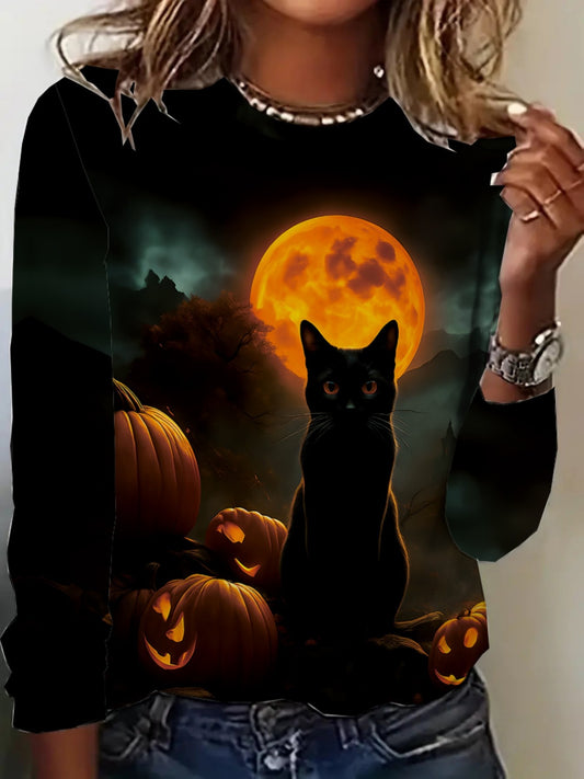 Women'S Halloween Long Sleeve Crew Neck T-Shirt - Spooky Black Cat & Jack-O'-Lanterns Digital Print, Casual Regular Fit Top for Spring & Fall, Comfortable Casual Attire with Moonlit Night Sky Design, Halloween Clothes, Fall F