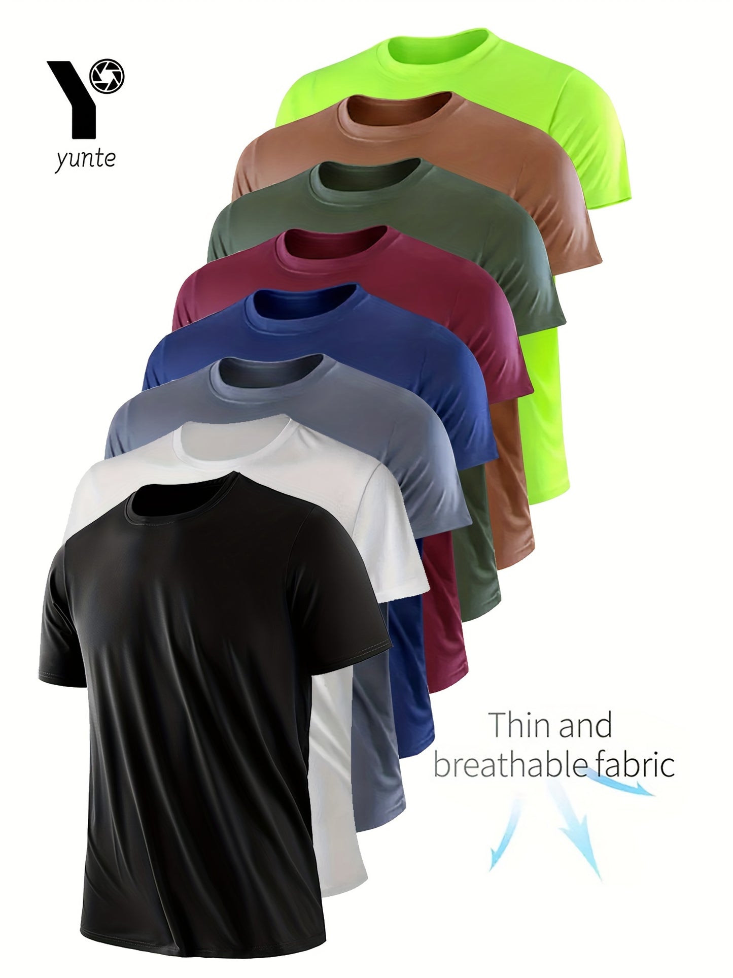 8-Pack Quick-Dry Crew Neck T-Shirts - Breathable, Moisture-Wicking 100% Polyester Tops - Regular Fit, Knit Fabric, for Running, Gym, Sports, Spring/Summer/Fall - Black, White, Grey, Navy, Burgundy, Brown, Green,