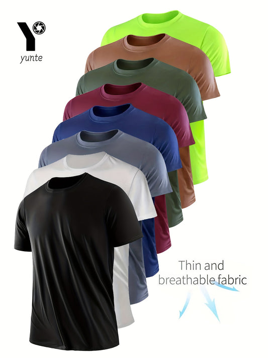 8-Pack Quick-Dry Crew Neck T-Shirts - Breathable, Moisture-Wicking 100% Polyester Tops - Regular Fit, Knit Fabric, for Running, Gym, Sports, Spring/Summer/Fall - Black, White, Grey, Navy, Burgundy, Brown, Green,