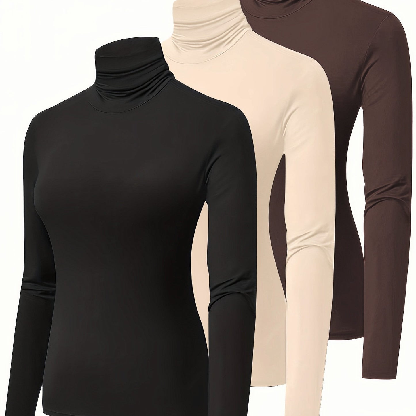 3 Packs Long Sleeve TurtleNeck T-Shirts, Casual Top for Spring & Fall, Women's Clothing