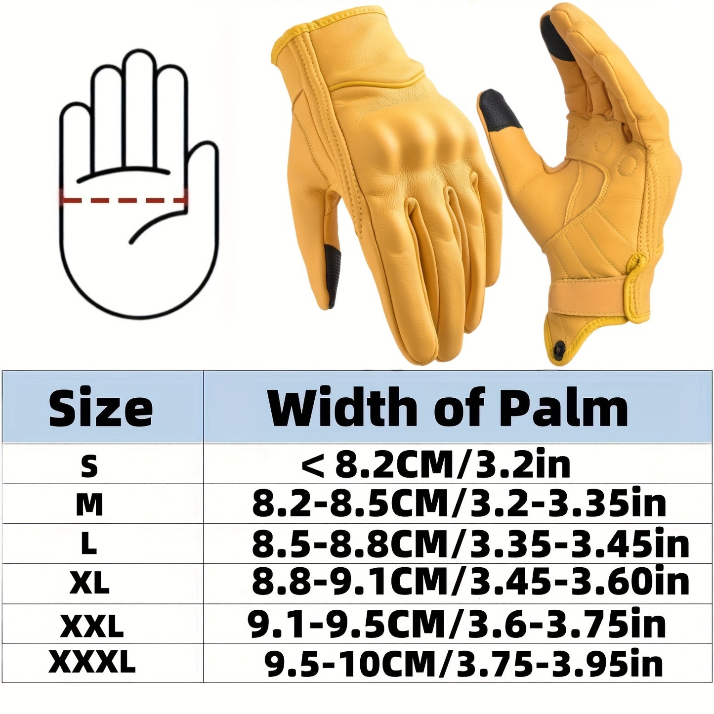 Sibewora Men'S Motorcycle Gloves - Full-Finger Touchscreen Hard Nail Leather Gloves with Adjustable Hook & Loop Closure, Yellow Riding Gear for Outdoor Sports & Casual Wear, Sleek Glove Design